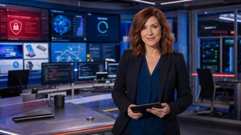 Jennifer presenting the June 9 2026 technology news recap in a realistic newsroom with Microsoft Patch Tuesday, Chrome zero-day, Veeam backup security, GitHub supply-chain, and Apple AI screens