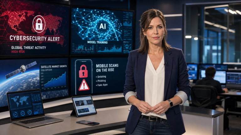 Jennifer presenting the June 12 2026 technology news recap in a realistic technology newsroom with cybersecurity, AI, browser update, and market news screens