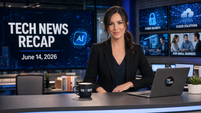 Jennifer presenting The IT Guys June 14 2026 technology news recap in a realistic newsroom with AI scam, cybersecurity, and small business IT screens