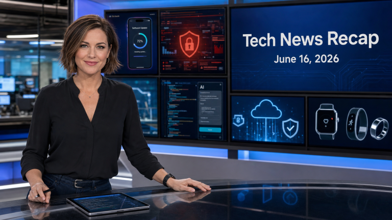 Jennifer presenting The IT Guys June 16 2026 technology news recap in a realistic newsroom with Android, AI, cybersecurity, cloud, and wearable technology screens