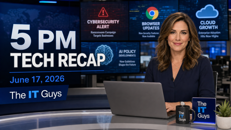 Jennifer Hudsen presenting The IT Guys 5 PM tech news recap for June 17, 2026 in a realistic technology newsroom.