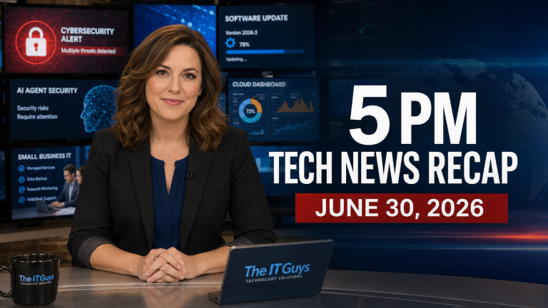 Jennifer presenting the June 30, 2026 5 PM technology news recap in a realistic technology newsroom with The IT Guys branding.