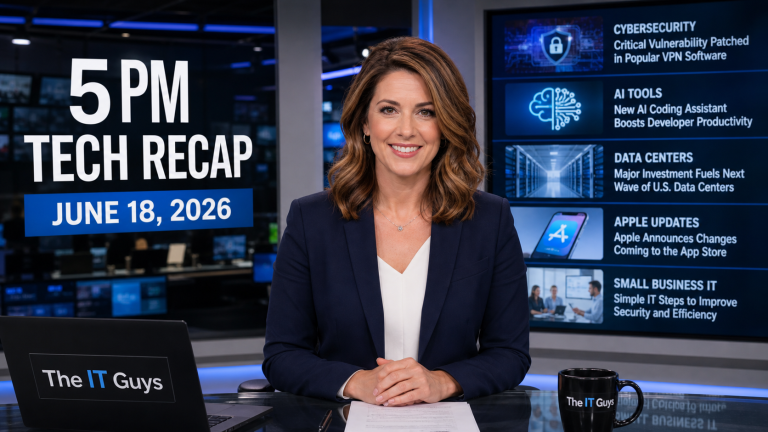 Jennifer presenting The IT Guys 5 PM Tech Recap for June 18, 2026 in a realistic technology newsroom