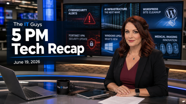 Jennifer presenting The IT Guys 5 PM Tech Recap for June 19, 2026 in a realistic technology newsroom