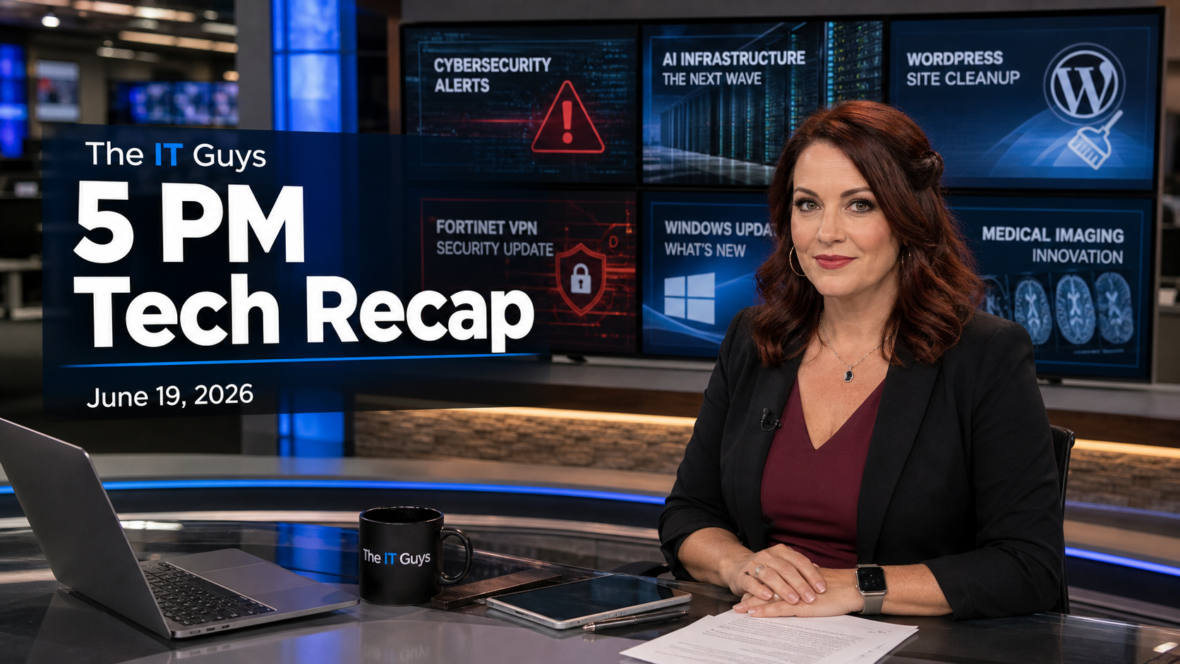 Jennifer presenting The IT Guys 5 PM Tech Recap for June 19, 2026 in a realistic technology newsroom