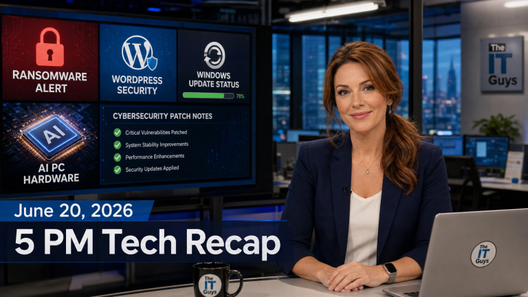 Jennifer presenting The IT Guys 5 PM Tech Recap for June 20, 2026 in a realistic technology newsroom