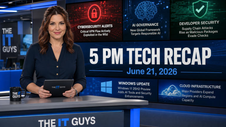 Jennifer presenting The IT Guys 5 PM Tech Recap for June 21, 2026 in a realistic technology newsroom