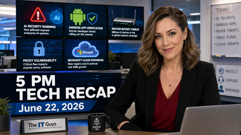 Jennifer presenting The IT Guys 5 PM Tech Recap for June 22, 2026 in a realistic technology newsroom