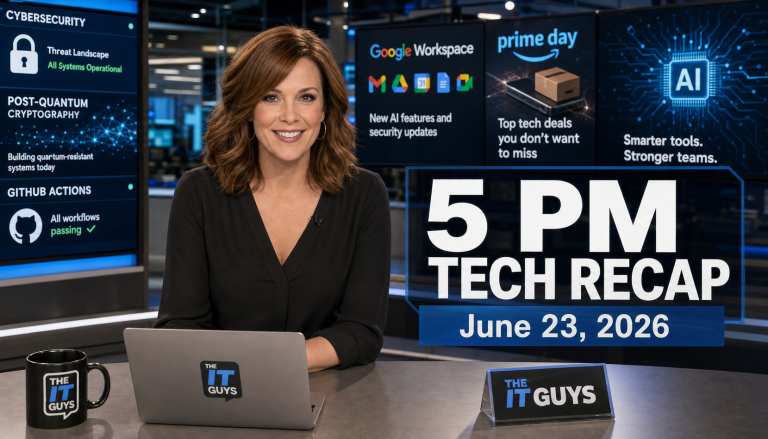 Jennifer presenting The IT Guys 5 PM Tech Recap for June 23, 2026 in a realistic technology newsroom
