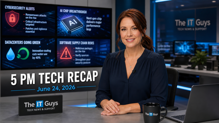Jennifer presenting The IT Guys 5 PM Tech Recap for June 24, 2026 in a realistic technology newsroom