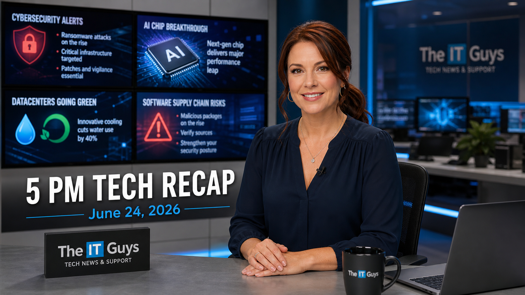 Jennifer presenting The IT Guys 5 PM Tech Recap for June 24, 2026 in a realistic technology newsroom