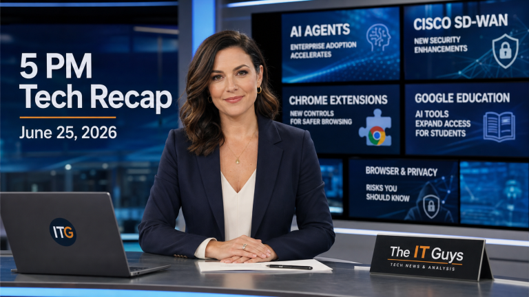 Jennifer presenting The IT Guys 5 PM Tech Recap for June 25, 2026 in a realistic technology newsroom