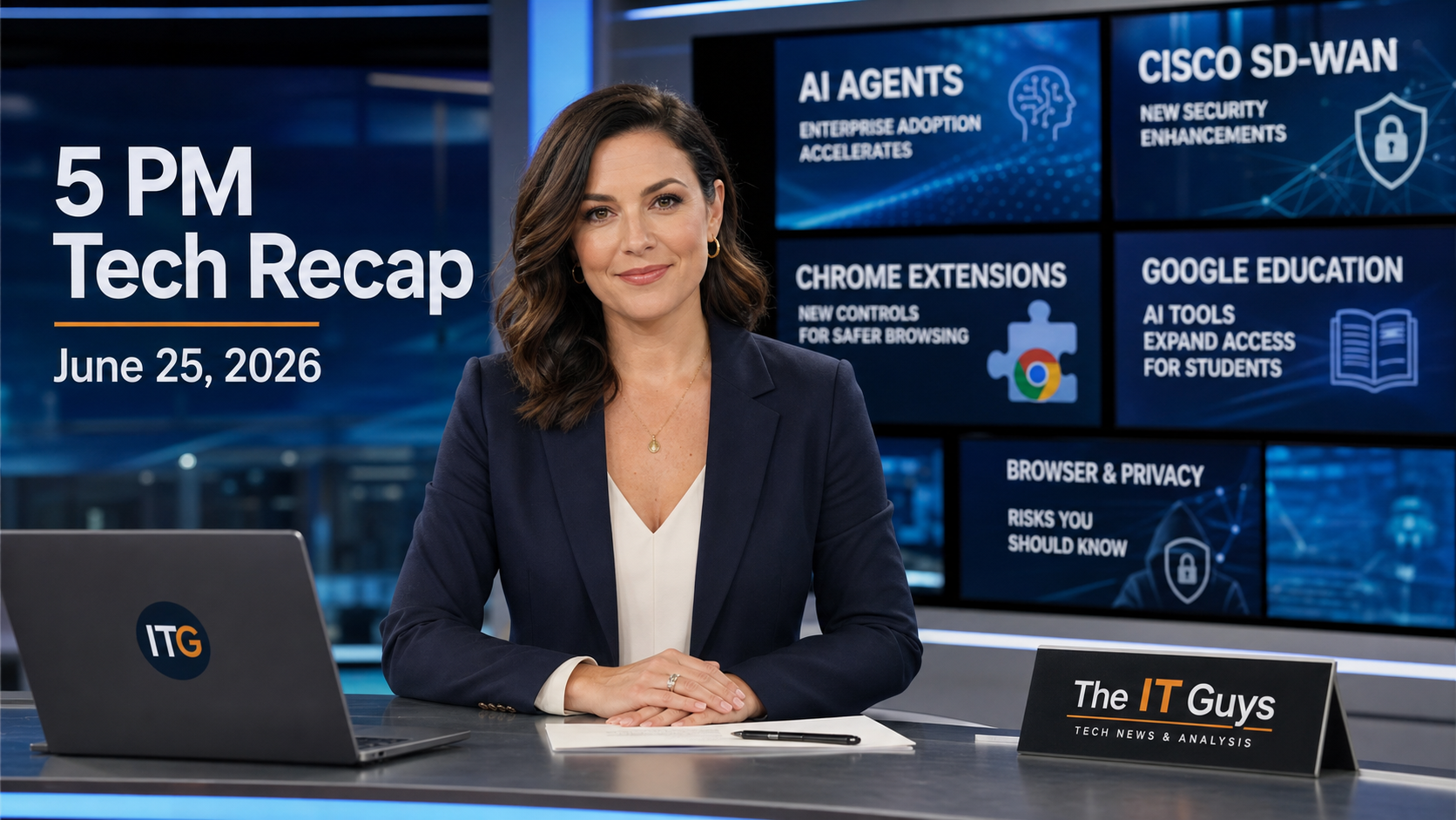Jennifer presenting The IT Guys 5 PM Tech Recap for June 25, 2026 in a realistic technology newsroom