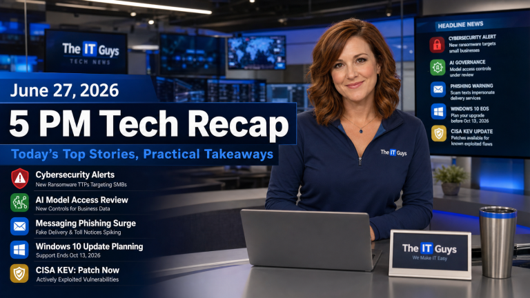 Jennifer presenting The IT Guys 5 PM Tech Recap for June 27, 2026 in a realistic technology newsroom