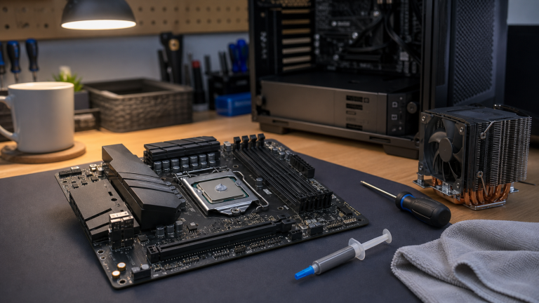 A desktop computer motherboard on a repair workbench with thermal paste, CPU cooler, and tools ready for service.
