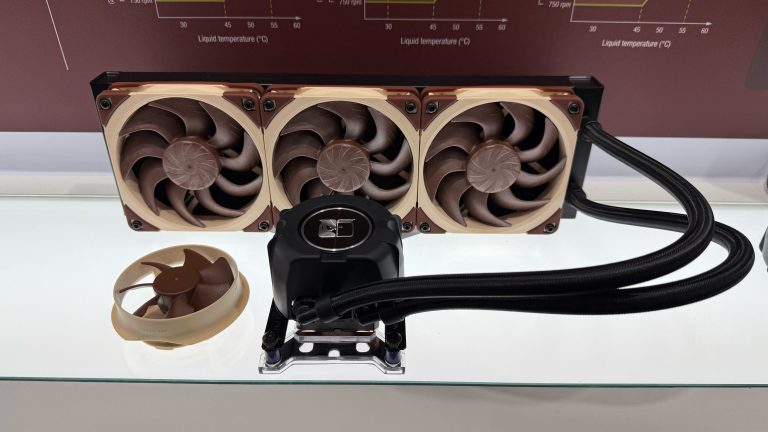 Noctua NL-LC1 all-in-one liquid cooler with brown and beige fans, radiator, hoses, and pump block shown at Computex 2026