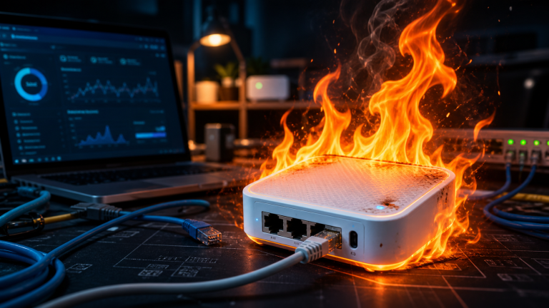 TP-Link TL-WR802N style travel router on fire as a cybersecurity warning about CVE-2026-3227