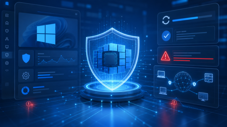 Abstract Windows 11 security dashboard with shield and kernel protection visual for an article about alleged OrcaHunter kernel exploit risk