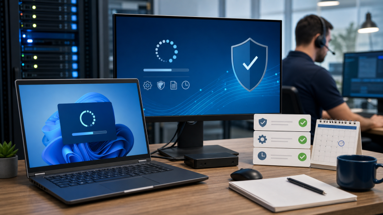 Windows 11 computers on a business IT desk showing update, patch management, restart planning, and security maintenance visuals.