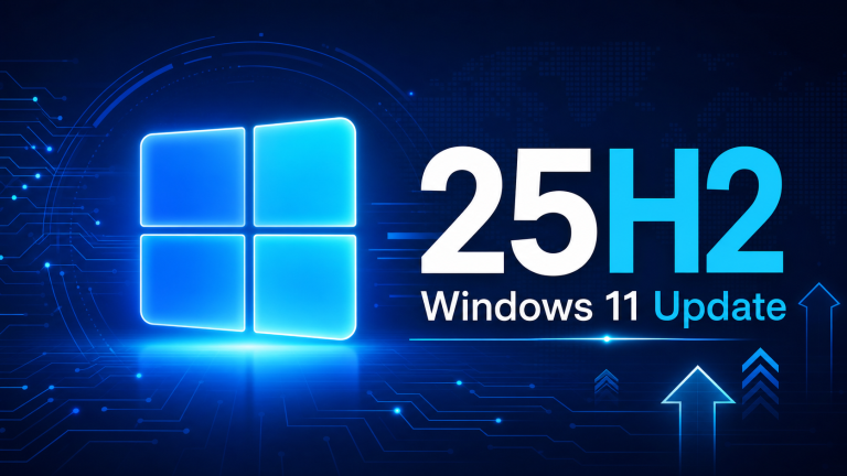 News-style Windows 11 25H2 hero image with a four-pane window logo and large 25H2 text