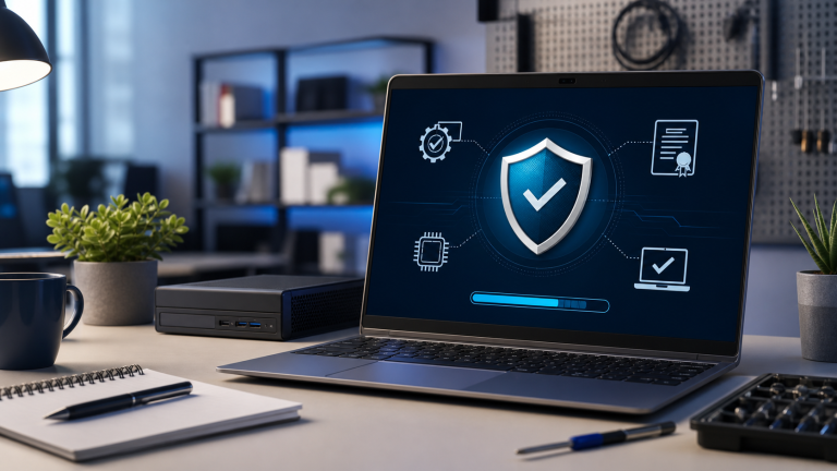 Professional Windows PC update readiness scene with a secure boot shield and firmware certificate security visuals