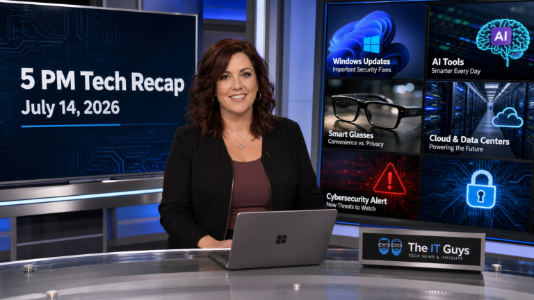 Jennifer Hudsen presenting the July 14, 2026 5 PM technology news recap in a realistic tech newsroom with The IT Guys branding.