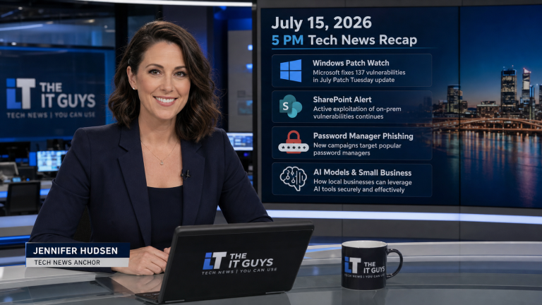 Jennifer Hudsen presenting the July 15, 2026 5 PM technology news recap in a realistic technology newsroom with The IT Guys branding.