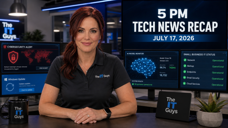 Jennifer Hudsen presenting the July 17, 2026 5 PM technology news recap in a realistic technology newsroom with The IT Guys branding.