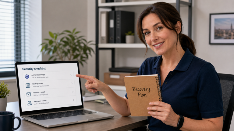 Jennifer helping a small business owner review MFA backup codes and account recovery options on a laptop.
