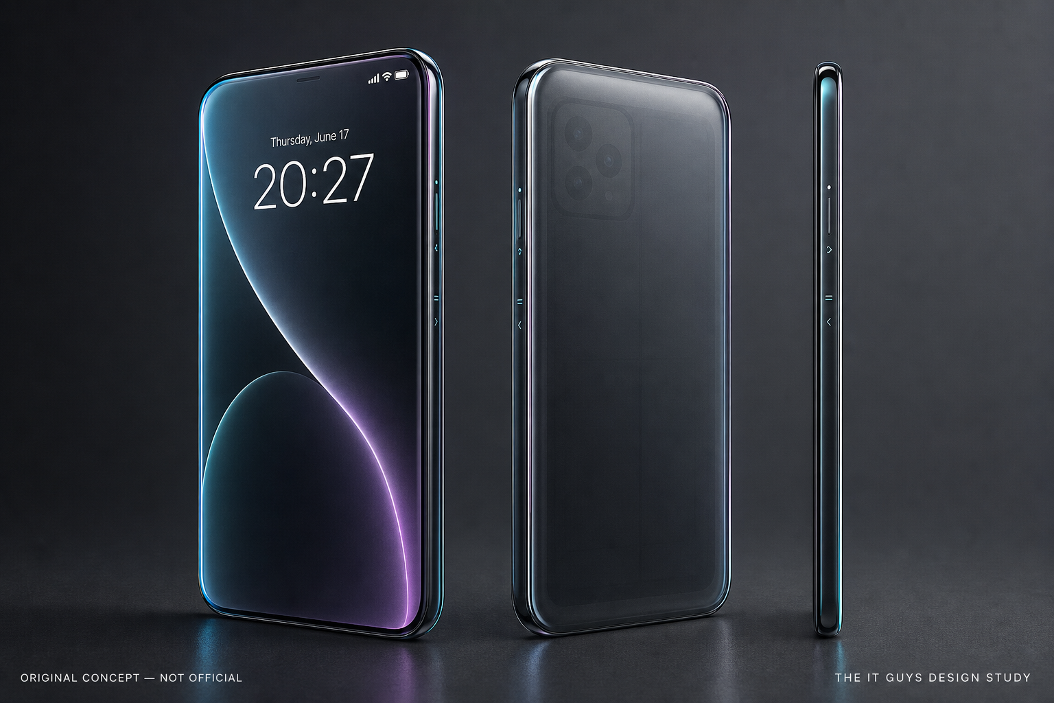 Original The IT Guys design study showing three views of a possible all-glass 2027 smartphone concept