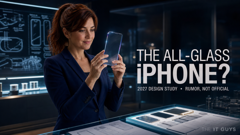 Original The IT Guys concept illustration of Jennifer Hudsen examining a possible glass-forward 2027 smartphone. Rumor, not official.