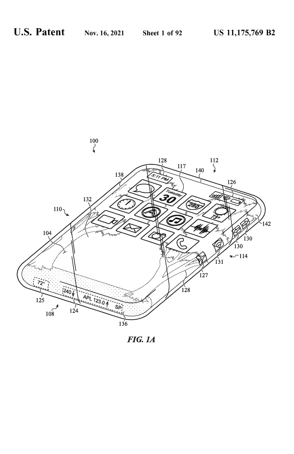 Apple U.S. Patent 11,175,769 Figure 1A showing a phone-like glass enclosure with interface elements extending around its edges