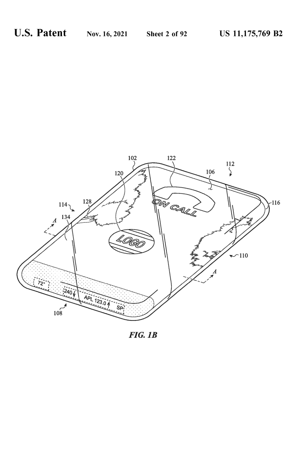 Apple U.S. Patent 11,175,769 Figure 1B showing a phone-like all-glass enclosure with a call interface