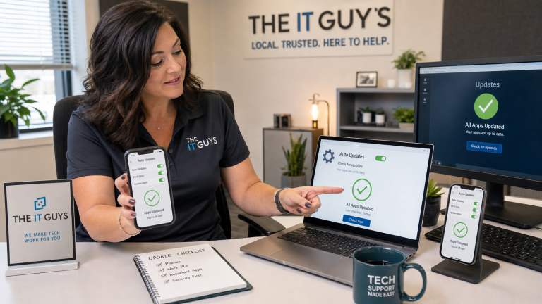 Jennifer from The IT Guys checking automatic app update settings on a small business phone and Windows PC.