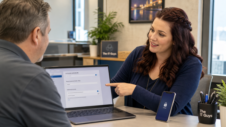 Jennifer from The IT Guys helping set automatic screen lock and require-sign-in settings on a laptop and phone.