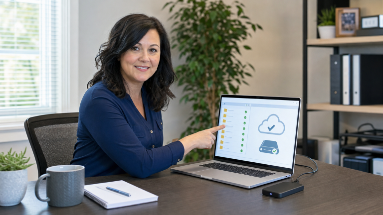 Jennifer from The IT Guys checking cloud backup folders and an external drive on a small business laptop.