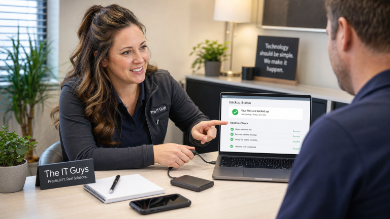 Jennifer from The IT Guys testing a restored backup file on a small-business laptop with cloud and external-drive backup tools nearby.