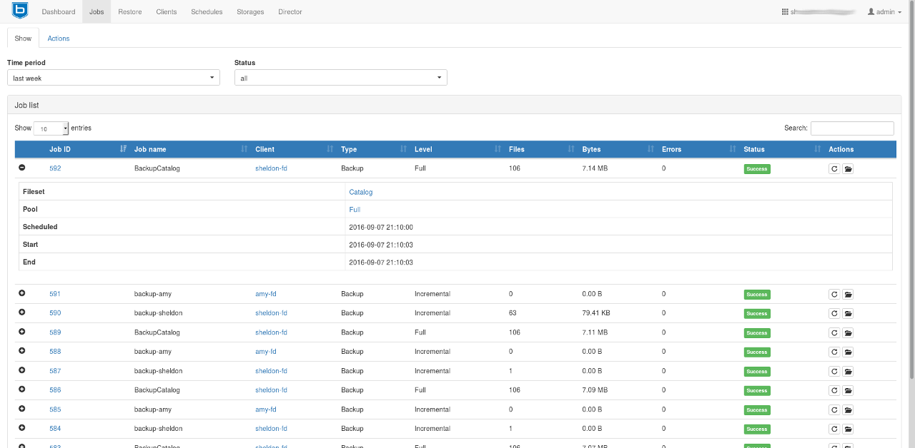 Bareos WebUI showing centrally managed backup jobs and status