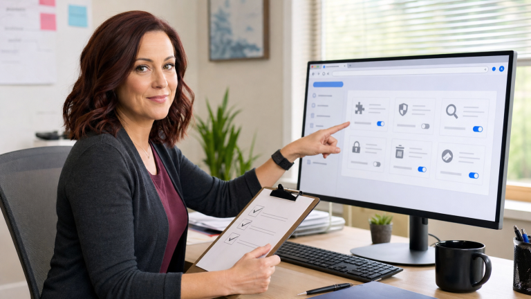 Jennifer from The IT Guys helping review browser extensions on an office computer for a small-business security cleanup.