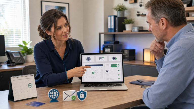 Jennifer from The IT Guys helping a small-business owner review domain auto-renewal, website, email, and account-security settings.