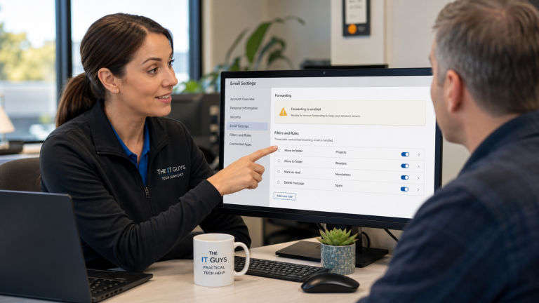 Jennifer from The IT Guys helping a small business review email forwarding and inbox rules for suspicious account changes.