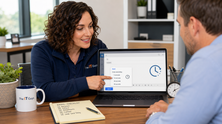 Jennifer from The IT Guys helping set an email undo-send delay on a small-business laptop.