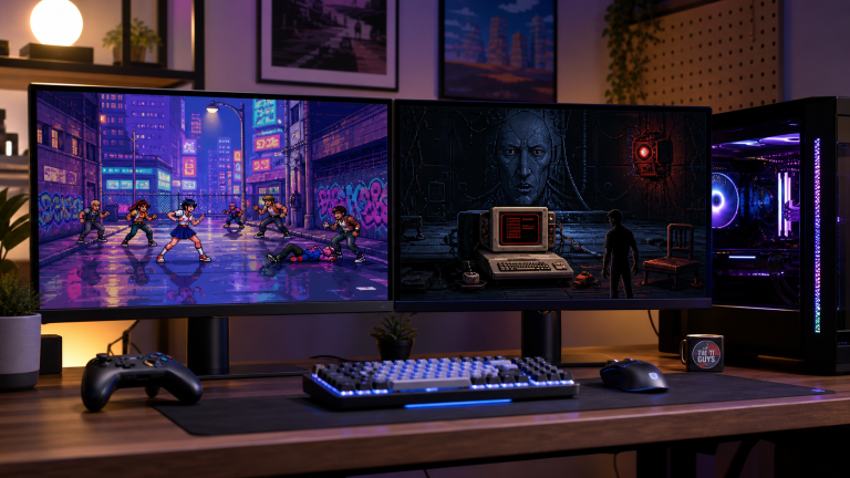 Dual-monitor gaming setup showing River City Girls 2 and I Have No Mouth, and I Must Scream for Epic Games Store free games July 2 2026