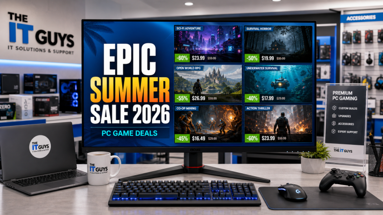 Epic Games Summer Sale 2026 PC game deals roundup with gaming monitor and The IT Guys branding