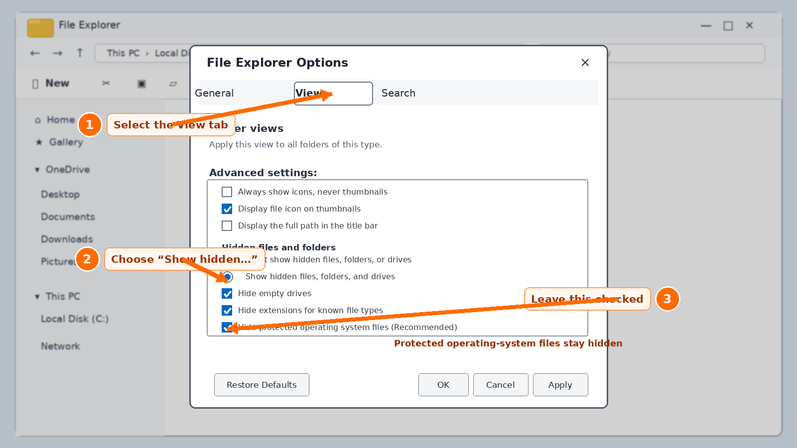 Annotated File Explorer Options View tab with Show hidden files folders and drives selected and Hide protected operating system files kept checked