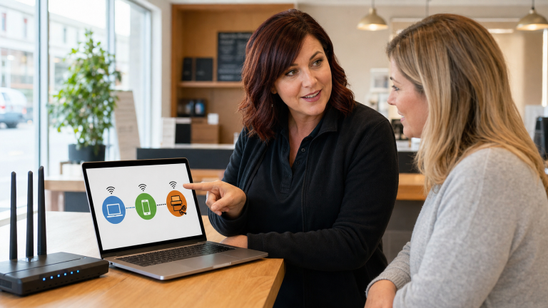 Jennifer from The IT Guys helping a small-business customer separate staff Wi-Fi, guest Wi-Fi, and smart devices from the main network.
