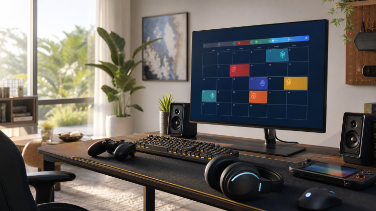 July 2026 new game releases roundup with controllers, screens, and neon gaming room lighting