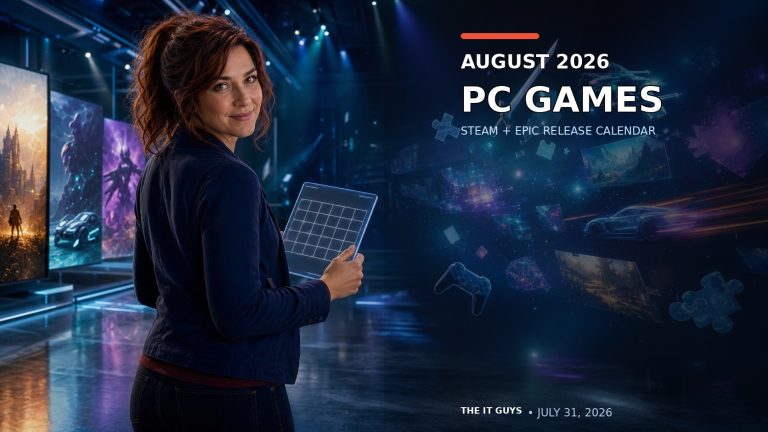 Jennifer presenting the August 2026 PC game release calendar in a futuristic gaming gallery