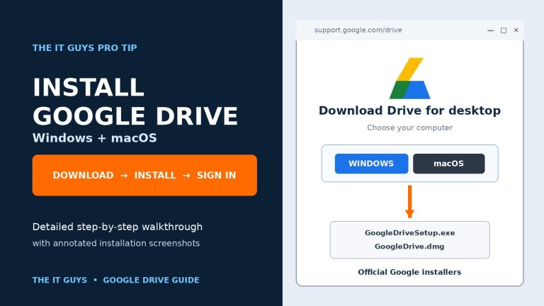 Google Drive installation guide hero showing Windows and macOS download choices and the official installer filenames