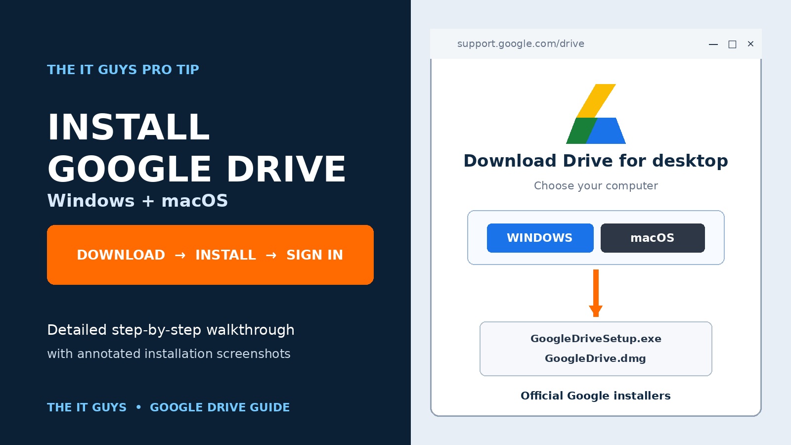 Google Drive installation guide hero showing Windows and macOS download choices and the official installer filenames